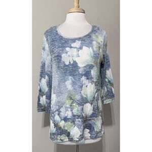 Alfred Dunner Baby Blue Floral 3/4 Sleeve Tunic Top Thin Sweater Knit Size Small